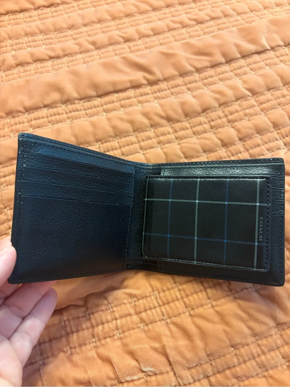 COACH Men's Black Plaid Leather Bi-Fold Wallet